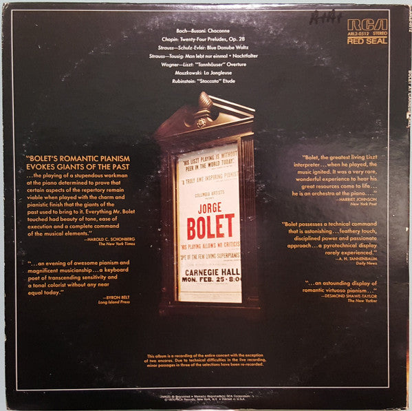 Jorge Bolet At Carnegie Hall Recorded Live February 25, 1974